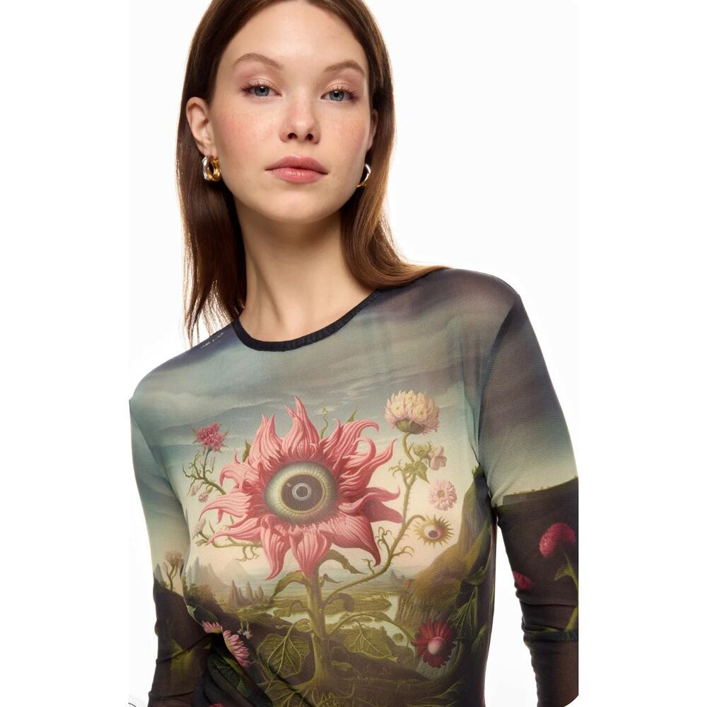 Monse Rose Surrealist Printed Mesh Top Size M